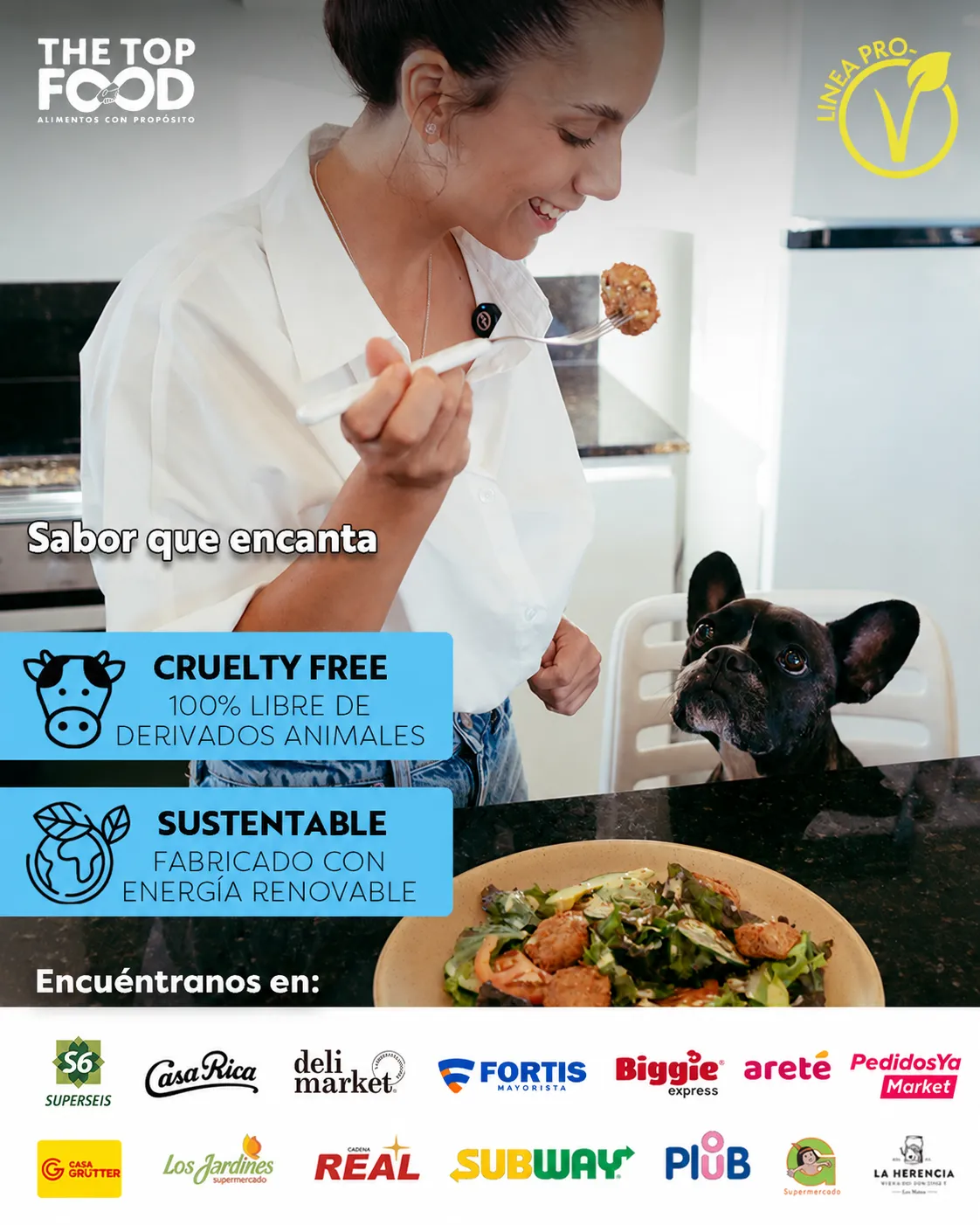 Mujer disfrutando un producto VEGETAL de The Top Food junto a la red de comercios aprobados en Paraguay
